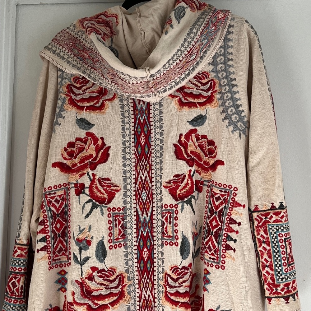 Johnny Was XL MIDI hoodie 💯% cotton heavily  embroidered draped wrap jacket - Picture 13 of 16